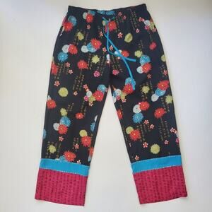 Anne Carson Silk Pants Asian Floral Sequined Hem High Rise Drawstring Boho